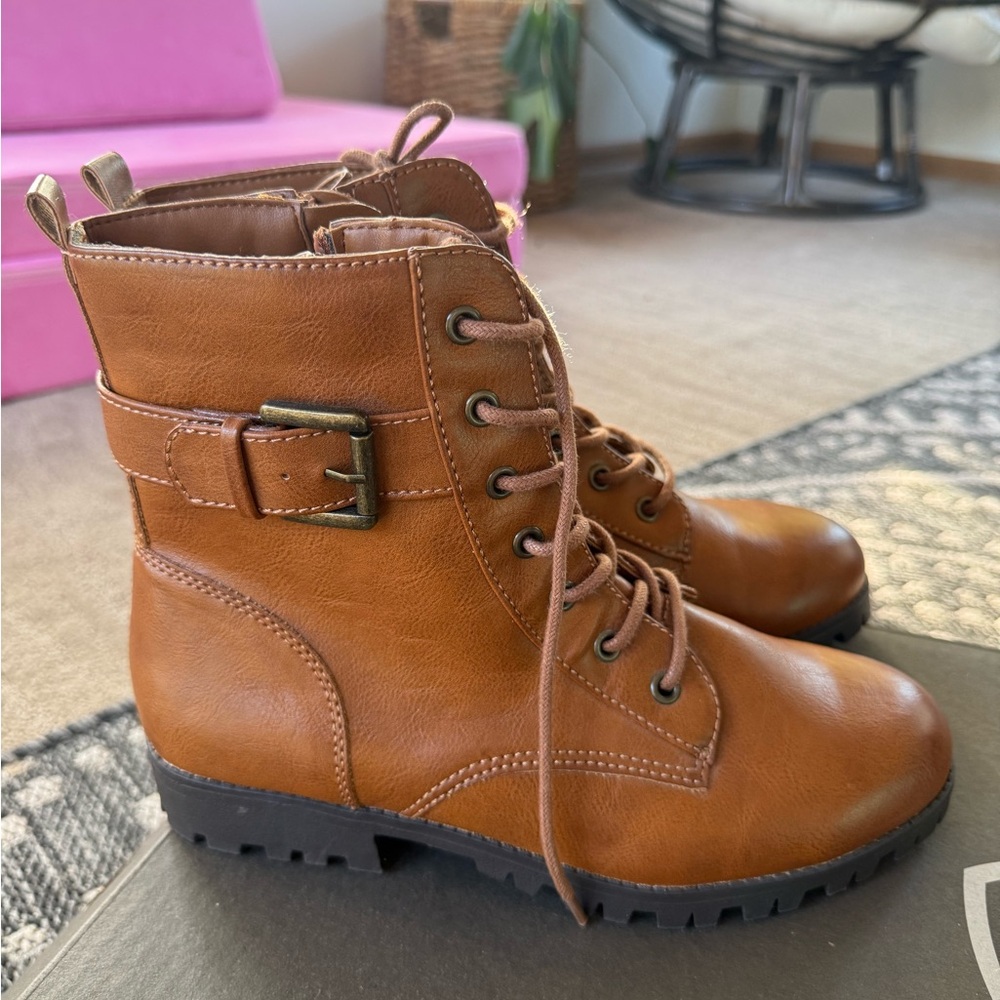 Brown Leather Combat Boots - Size 9W